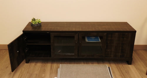 65" Media Console  Finish: Weathered Charcoal / Smoked Pine  ◦ Fits TVs up to 75" (Sturdy 135lb capacity)