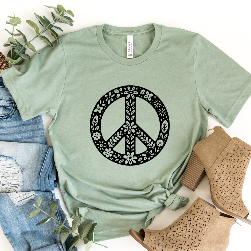 Black Floral Peace Graphic Tee: Autumn Rust / M
