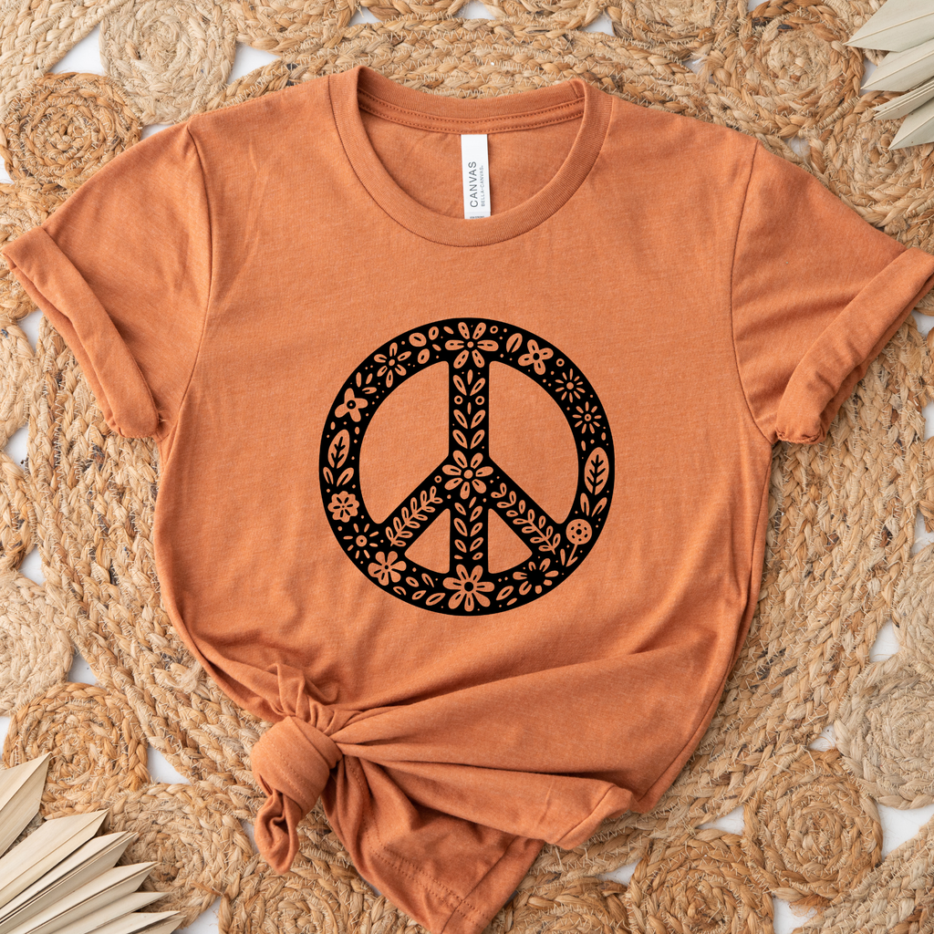 Black Floral Peace Graphic Tee: Autumn Rust / L