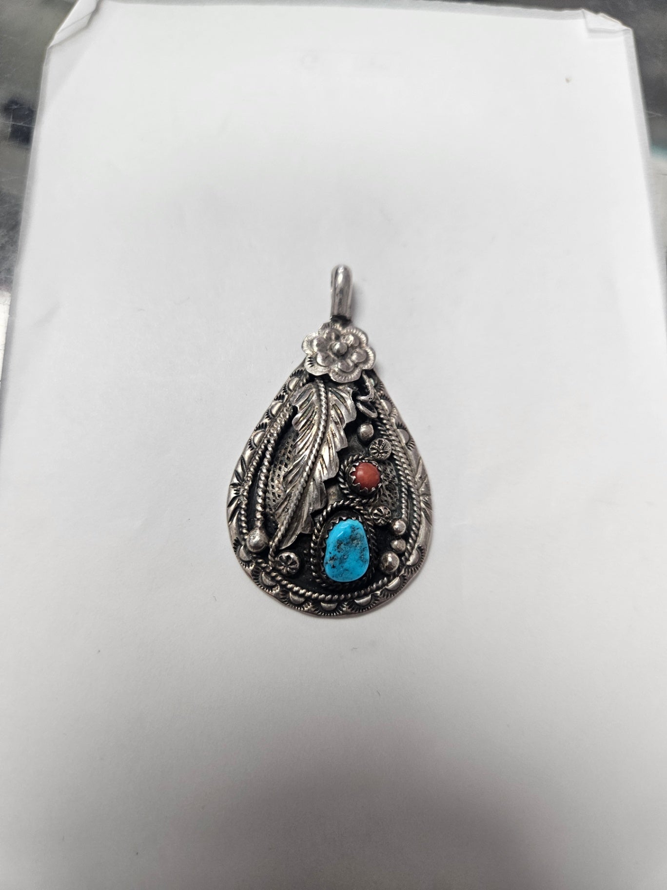 Statement Piece: Vintage Navajo Masterwork: Sterling Silver Teardrop Pendant with Turquoise and Red Coral Stones