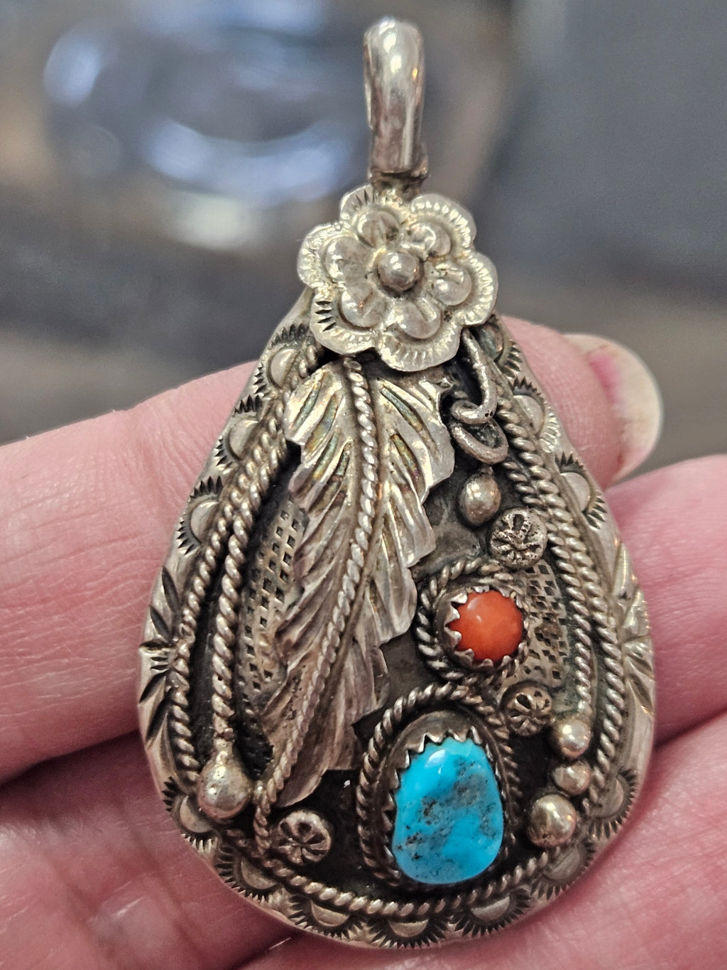 Statement Piece: Vintage Navajo Masterwork: Sterling Silver Teardrop Pendant with Turquoise and Red Coral Stones