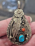 Statement Piece: Vintage Navajo Masterwork: Sterling Silver Teardrop Pendant with Turquoise and Red Coral Stones