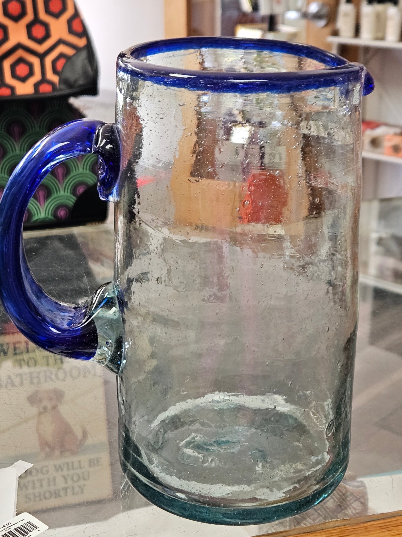 Cobalt Blue Accented Authentic Mexican Hand-Blown Pitcher Artisan-Crafted | Recycled Glass