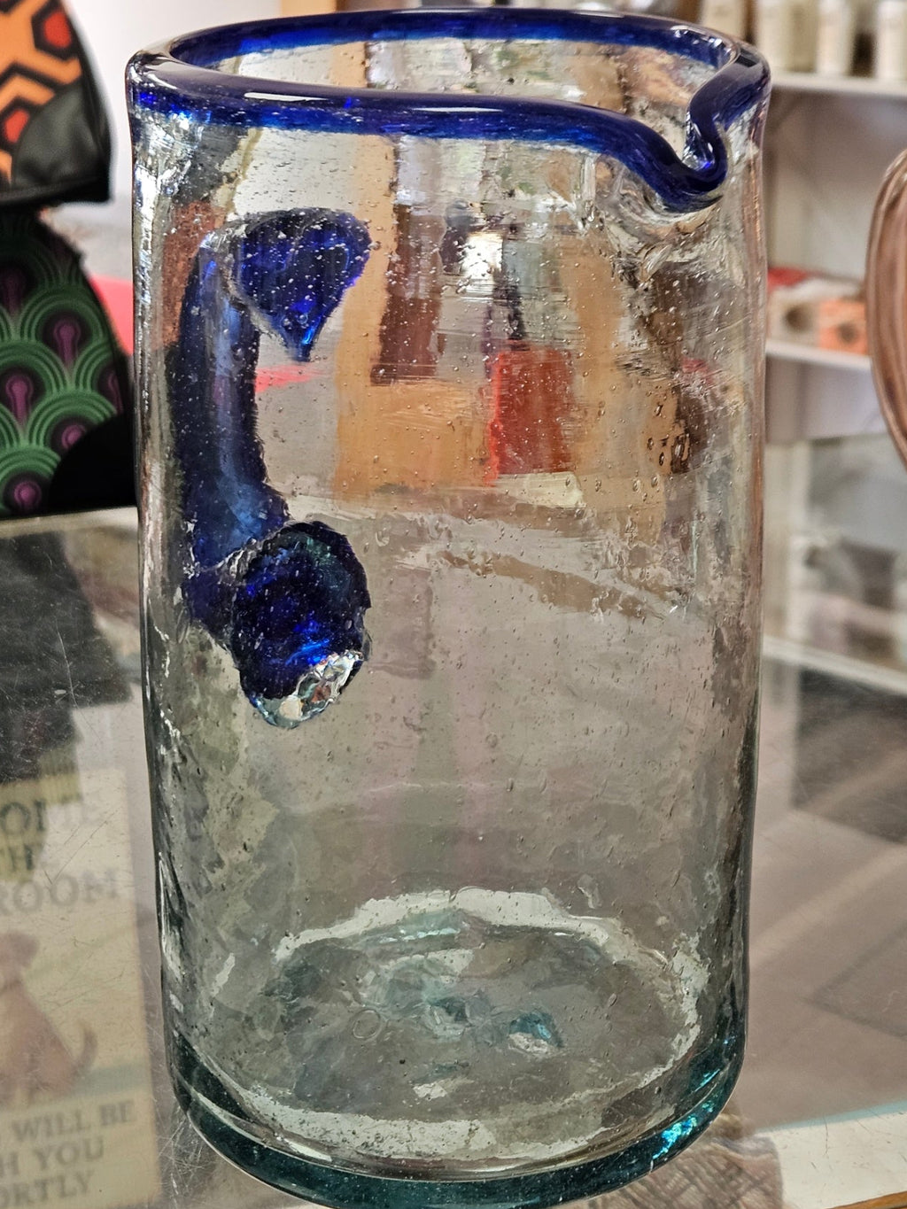 Cobalt Blue Accented Authentic Mexican Hand-Blown Pitcher Artisan-Crafted | Recycled Glass