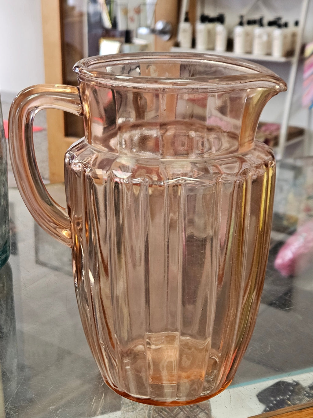 Vintage Anchor Hocking "Pillar Optic" Pink Pitcher  Add a touch of 1930s charm to your table
