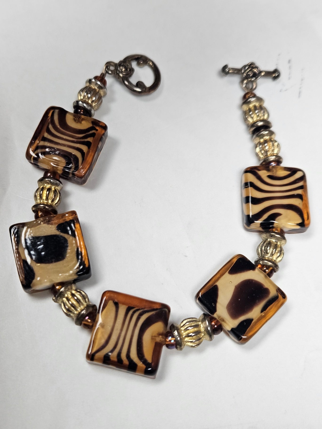 Handmade Lampwork Glass Bracelet Safari Collection with Ornate Rose Clasp