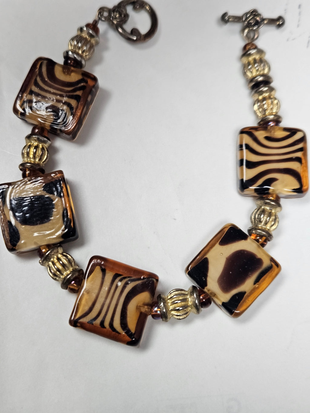 Handmade Lampwork Glass Bracelet Safari Collection with Ornate Rose Clasp