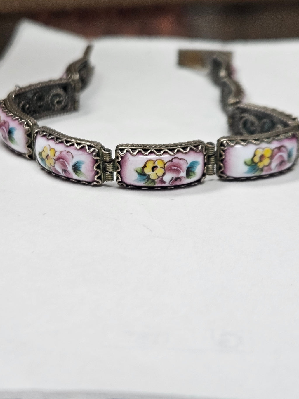 Hand-Painted Rostov Finift Enamel Bracelet. Vintage Soviet Era (c. 1970s–1980s) Intricate Russian Filigree Design