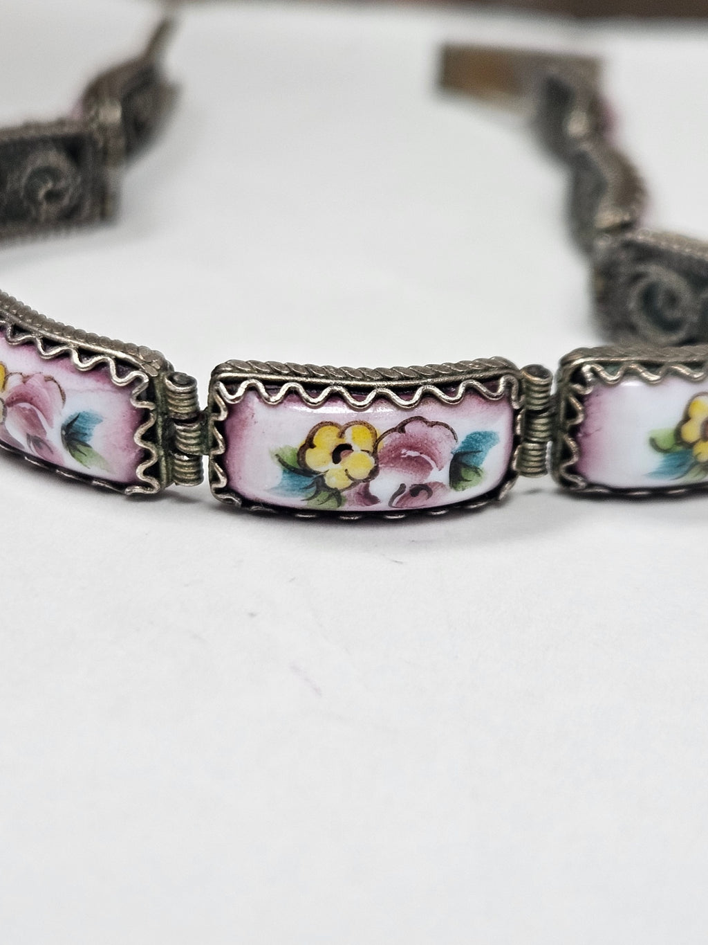 Hand-Painted Rostov Finift Enamel Bracelet. Vintage Soviet Era (c. 1970s–1980s) Intricate Russian Filigree Design