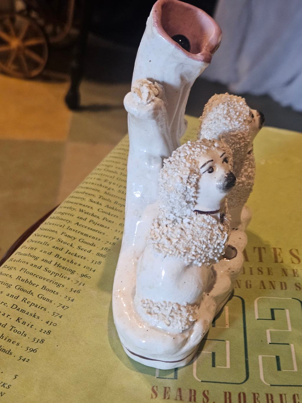 Antique Staffordshire "Confetti" Poodle Spill Vase  Origin: Staffordshire, England (c. 1892- 1912)