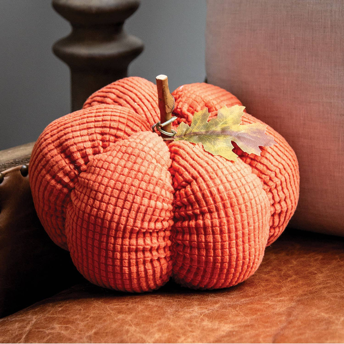 Stuffed Waffle Weave Orange Pumpkin w/Stick Stem, Large