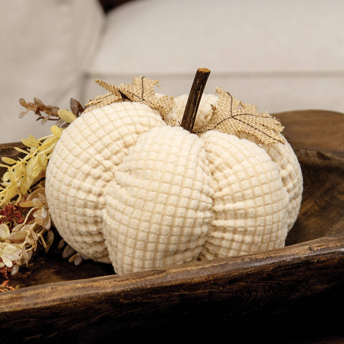 Ivory Waffle Weave Pumpkin w/Burlap Leaves - 7" dia.