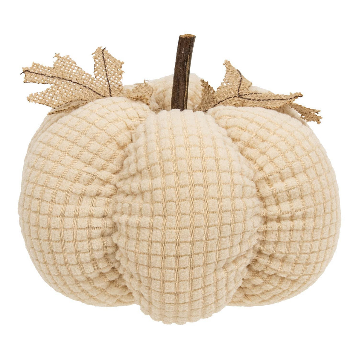 Ivory Waffle Weave Pumpkin w/Burlap Leaves - 7" dia.
