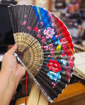 Vintage Mother-of-Pearl Hand-painted Mid Century Fan. In original box, accented in mother-of-Pearl and gold gilding with Premium  dark-stained wood staves