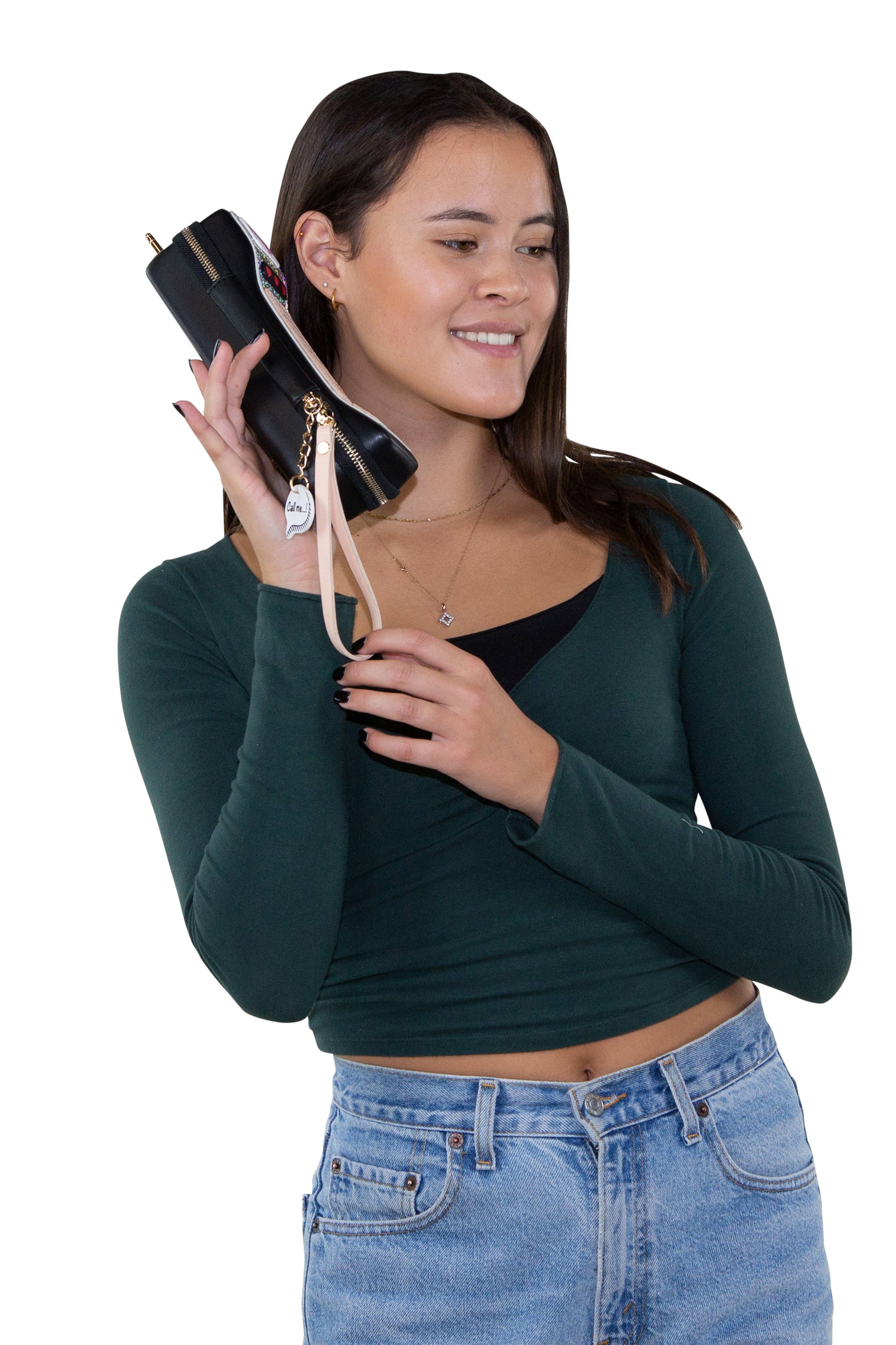 Handheld Vintage Phone Wristlet in Vinyl Material: Black