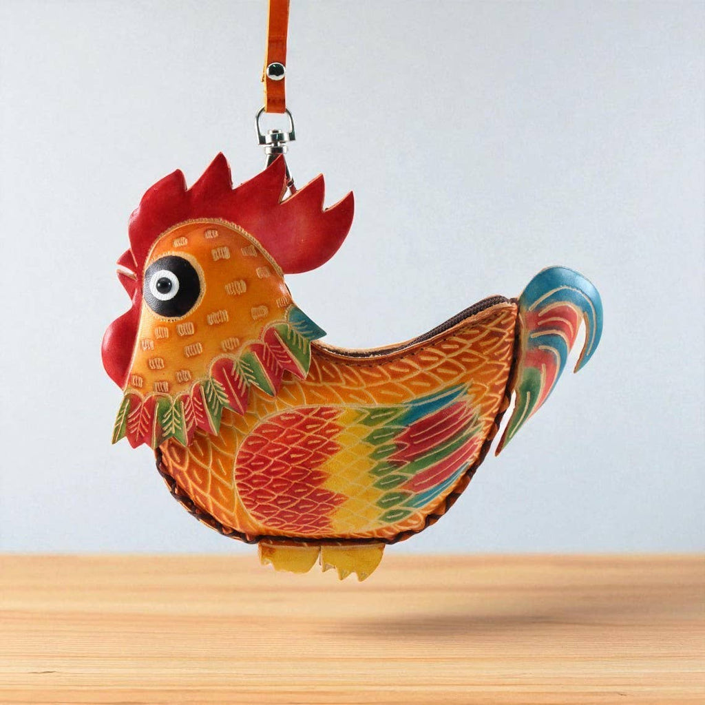 Genuine leather Rooster coin purse key chain wallet