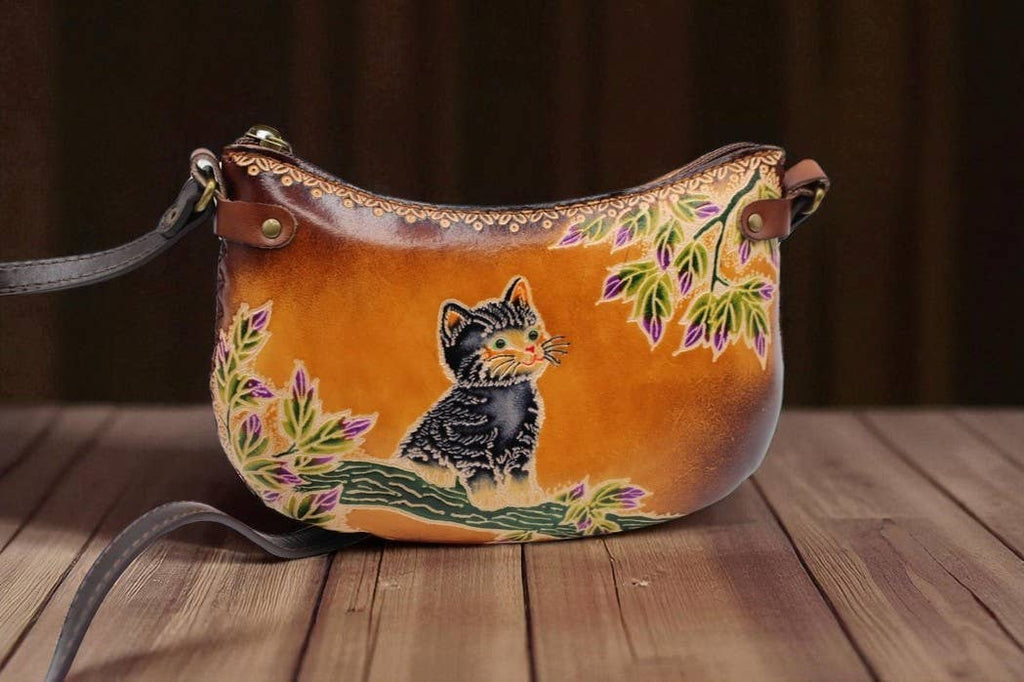 Leather cat purse crossbody curvy shape phone bag