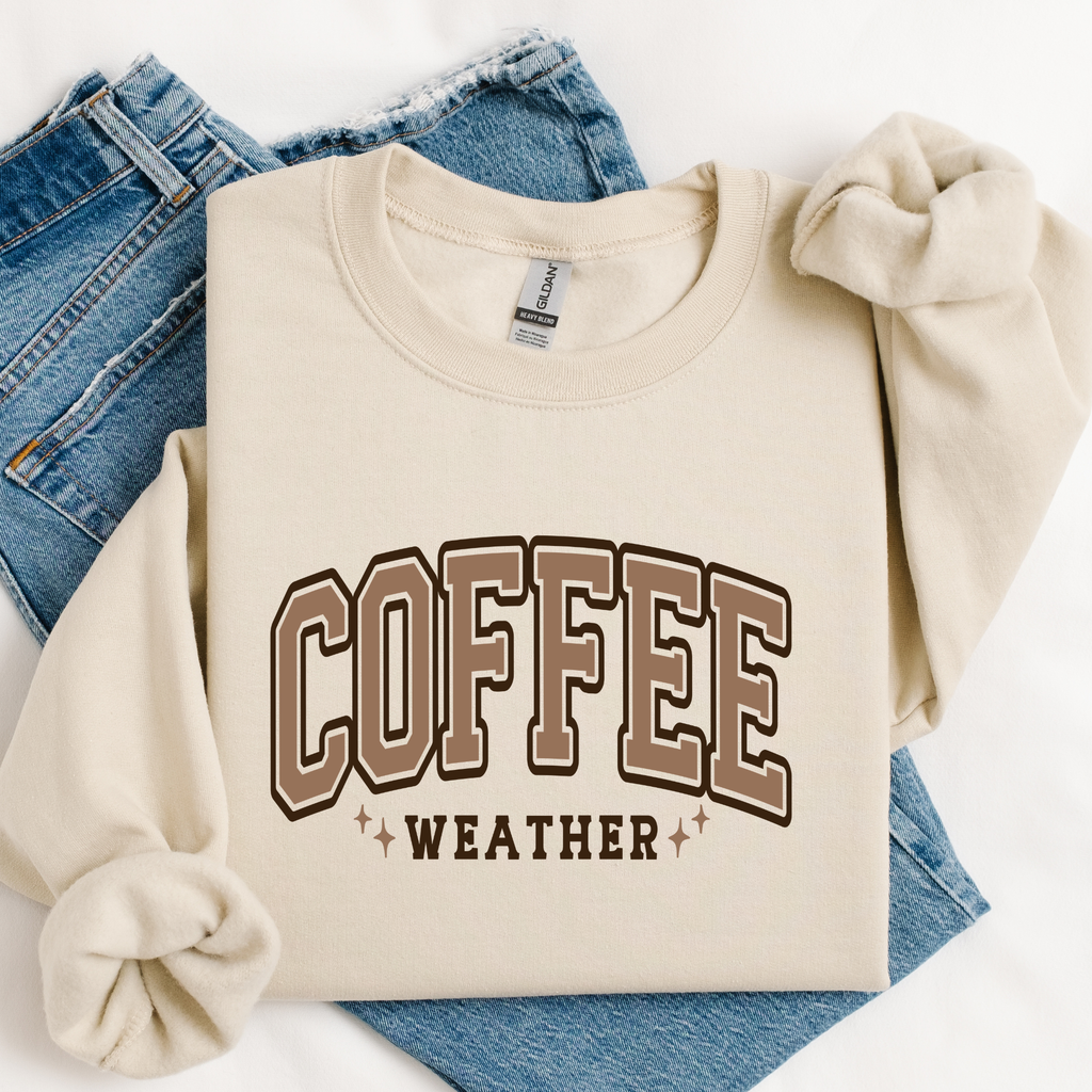 Coffee Weather Graphic Tee or Crewneck: Sand Crewneck / S