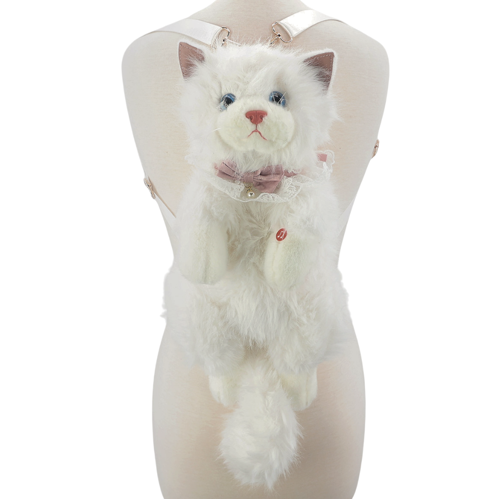 Cute Cat Plush Backpack in Polyester: White+Grey