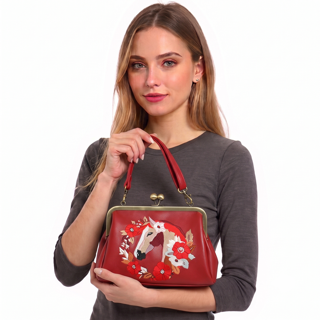 Floral Wreath Horse Kisslock Bag in Vinyl: Red