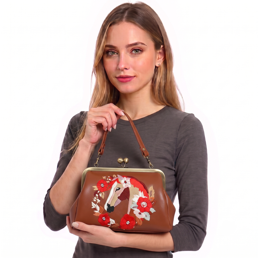 Floral Wreath Horse Kisslock Bag in Vinyl: Red