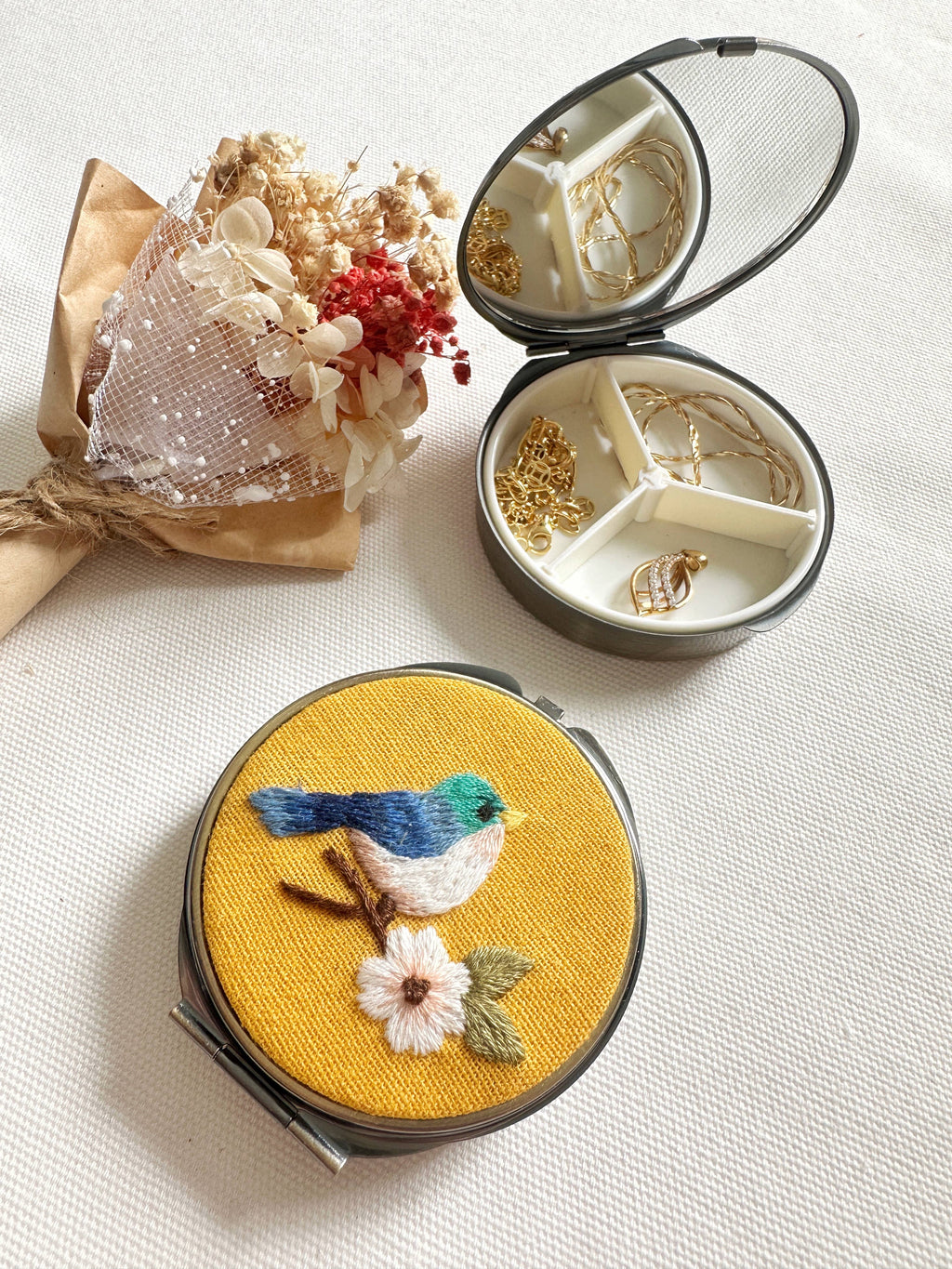Floral Embroidered Round Jewelry Box With Mirror (In Stock✅): 2. Blue Roses