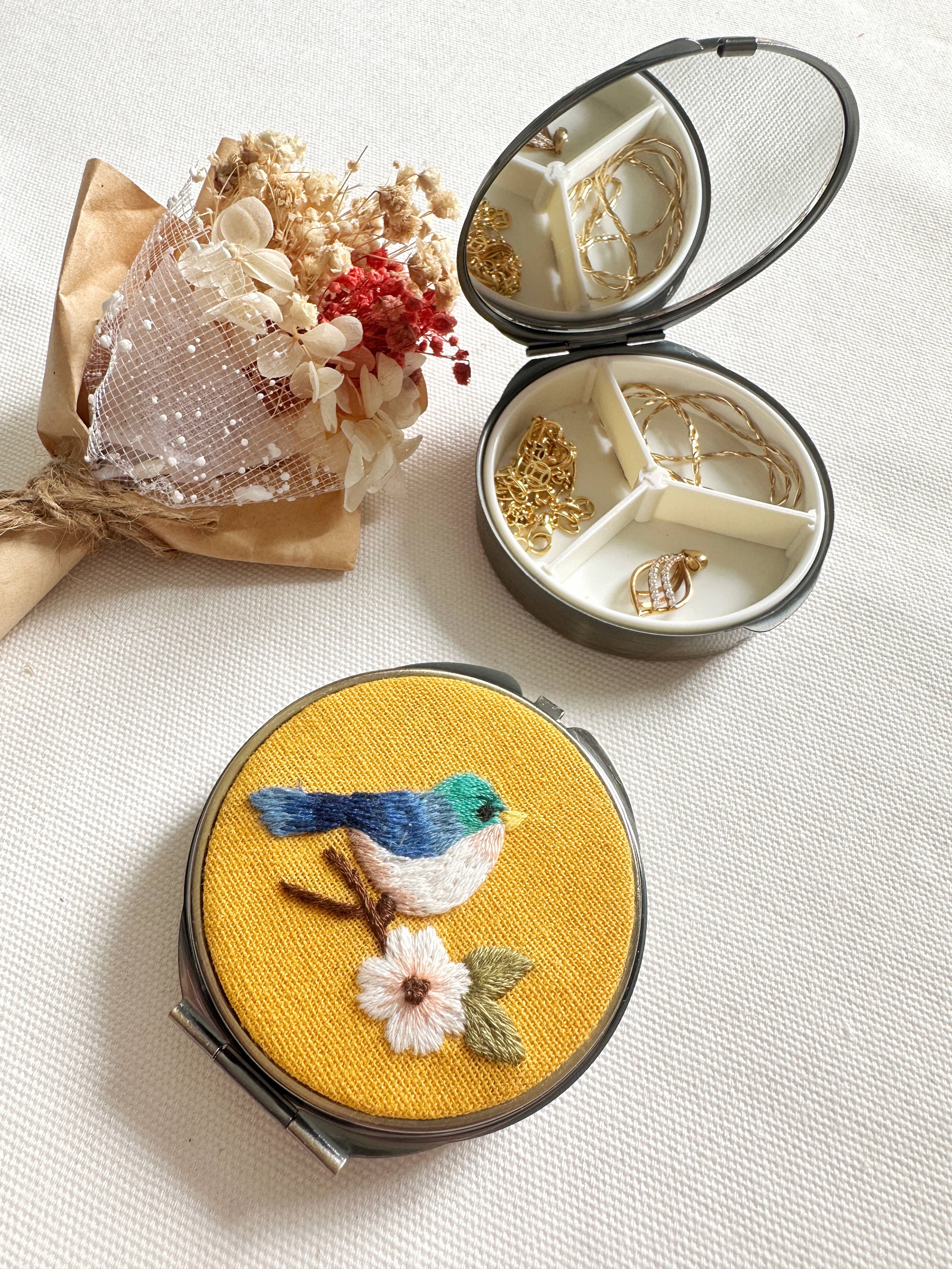 Floral Embroidered Round Jewelry Box With Mirror (In Stock✅): 2. Blue Roses