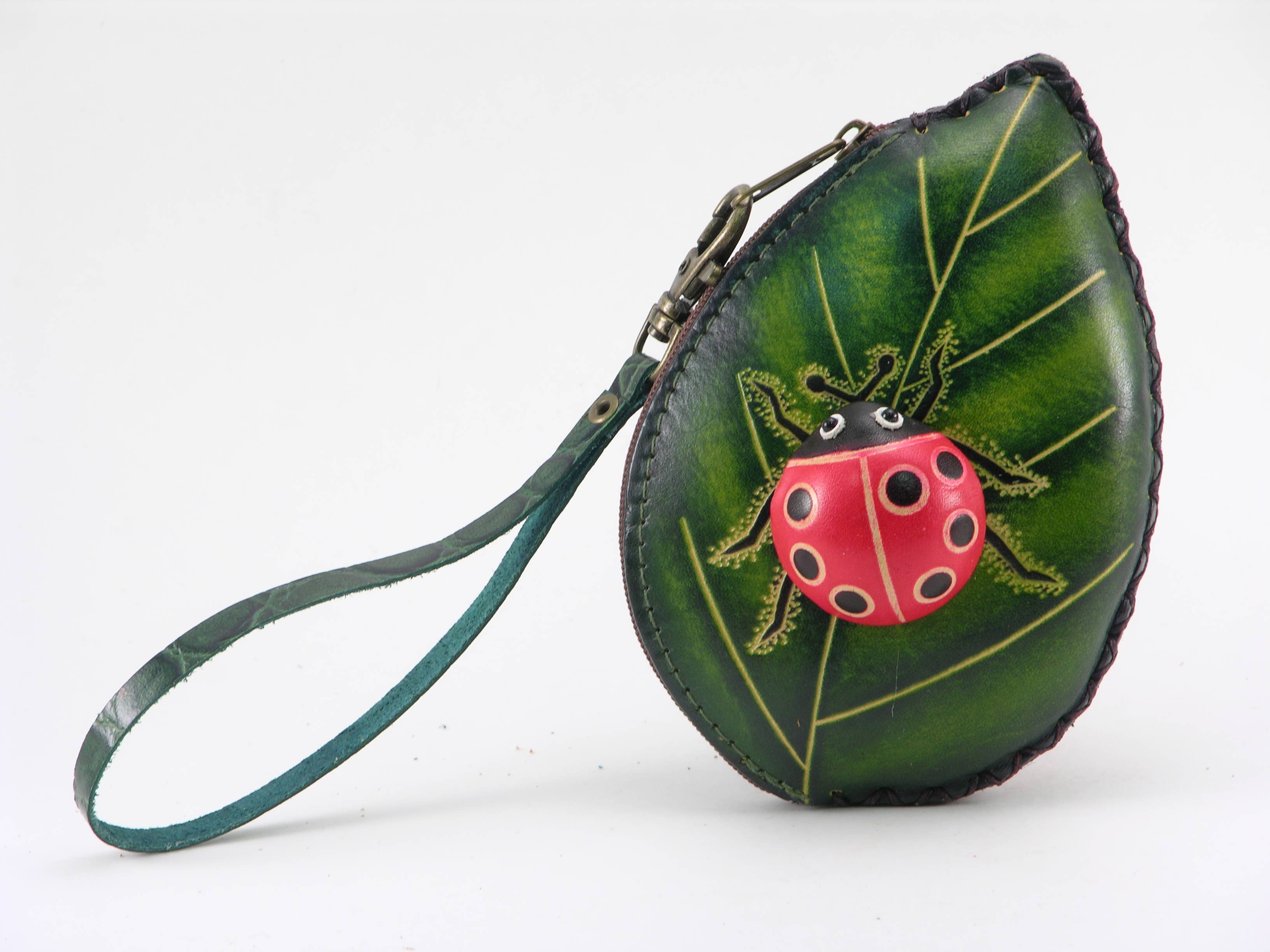Ladybug With Leaf leather coin purse wristlet