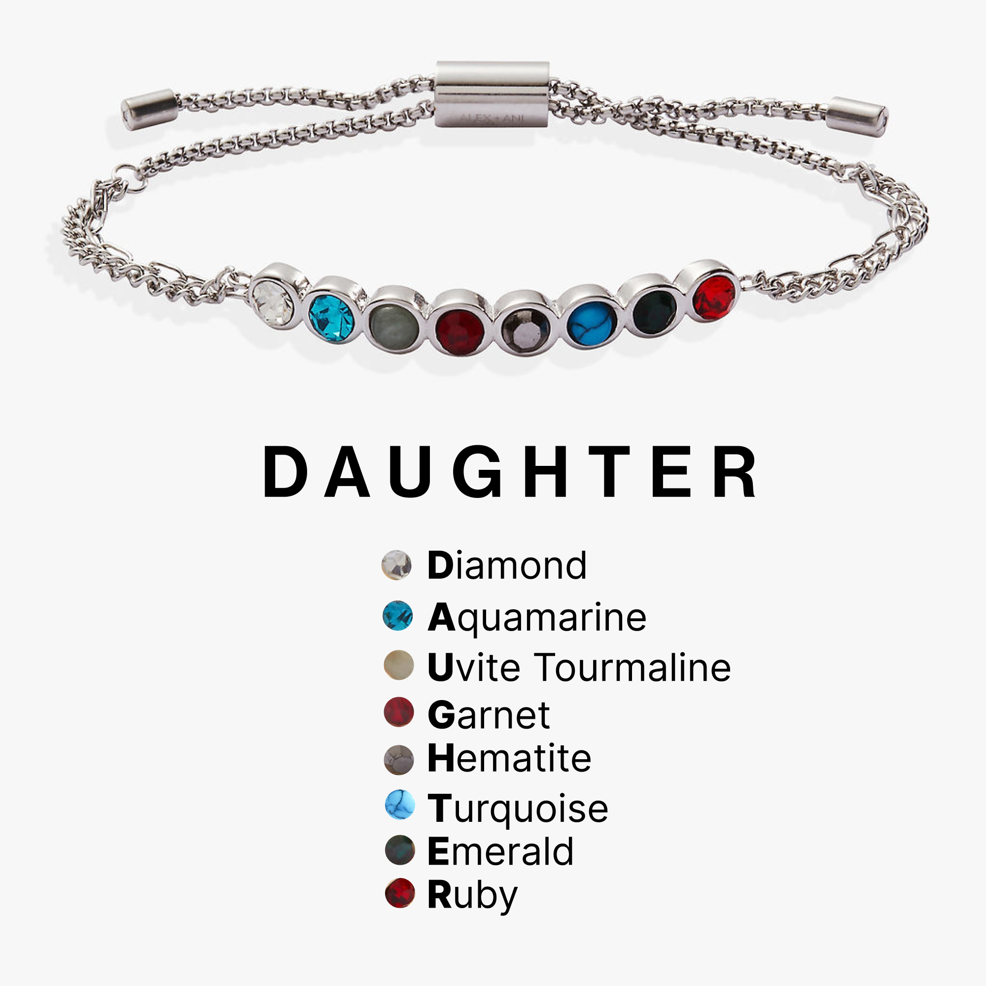 Daughter Hidden Message Acrostic Bolo Bracelet: Stainless Steel Silver