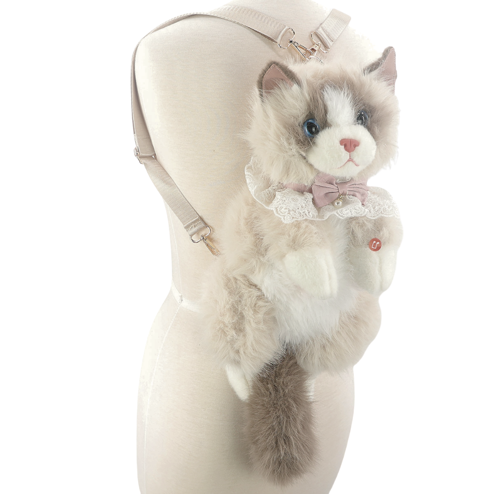 Cute Cat Plush Backpack in Polyester: White+Grey