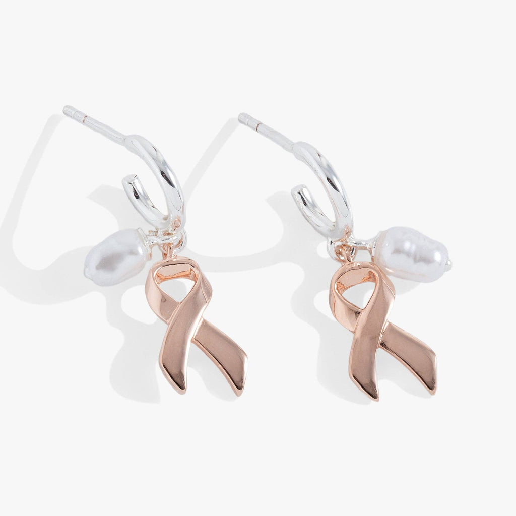 Breast Cancer Awareness Pink Ribbon Huggie Hoop Earrings: Two Tone