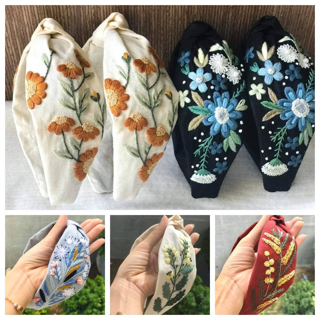 Floral Embroidered Linen Knot Turban, Camilia Collection ✅: 2.Blue Gerbera Daisy