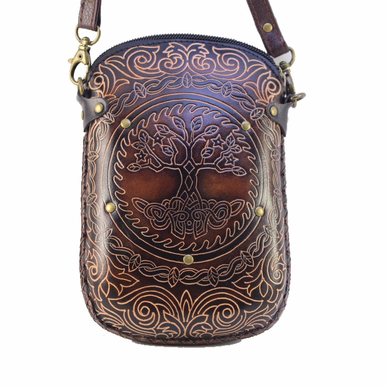 Leather Tree of Life Rectangle Pouch purse handbag: Green