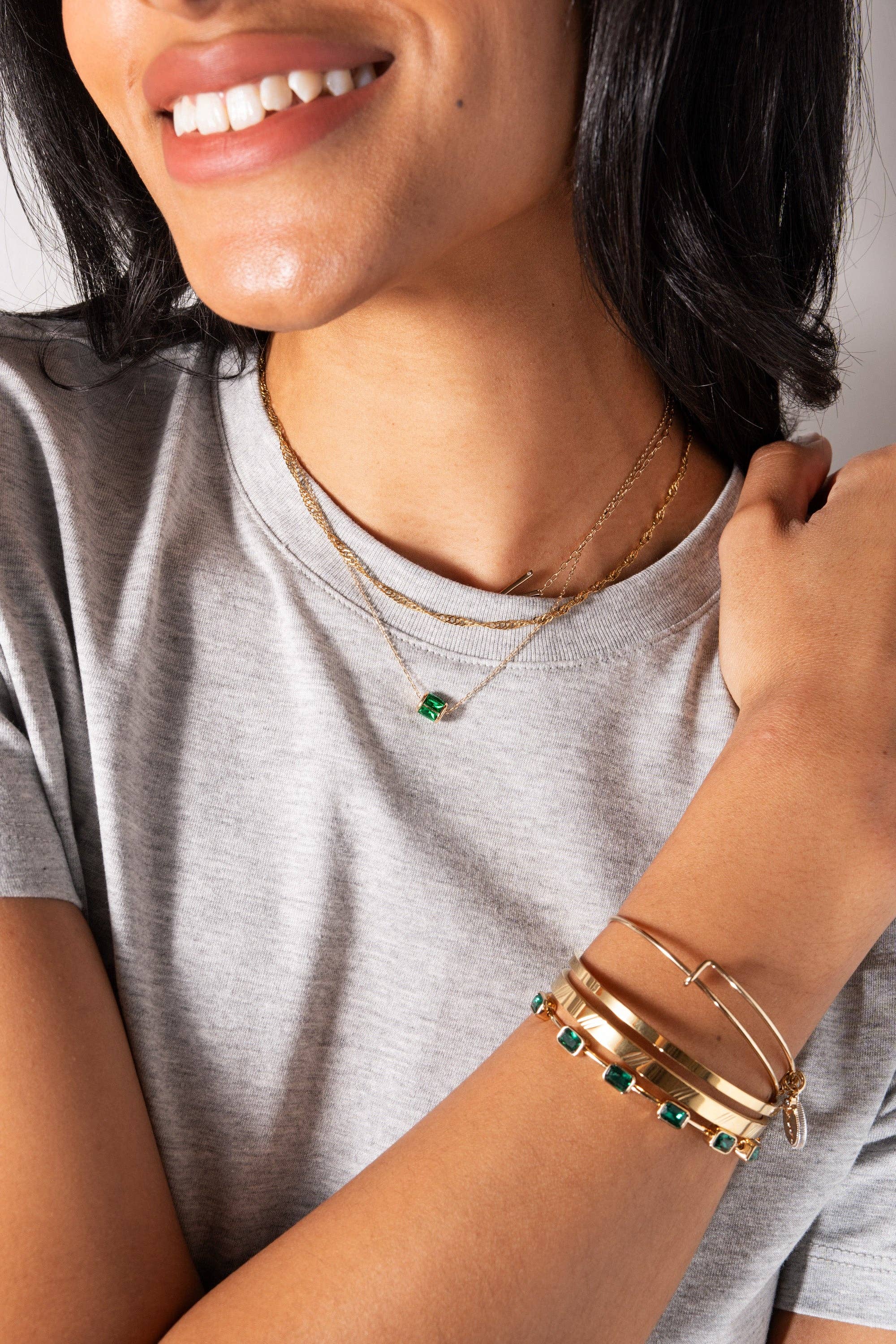May Birthstone Emerald Cut Bangle: Silver