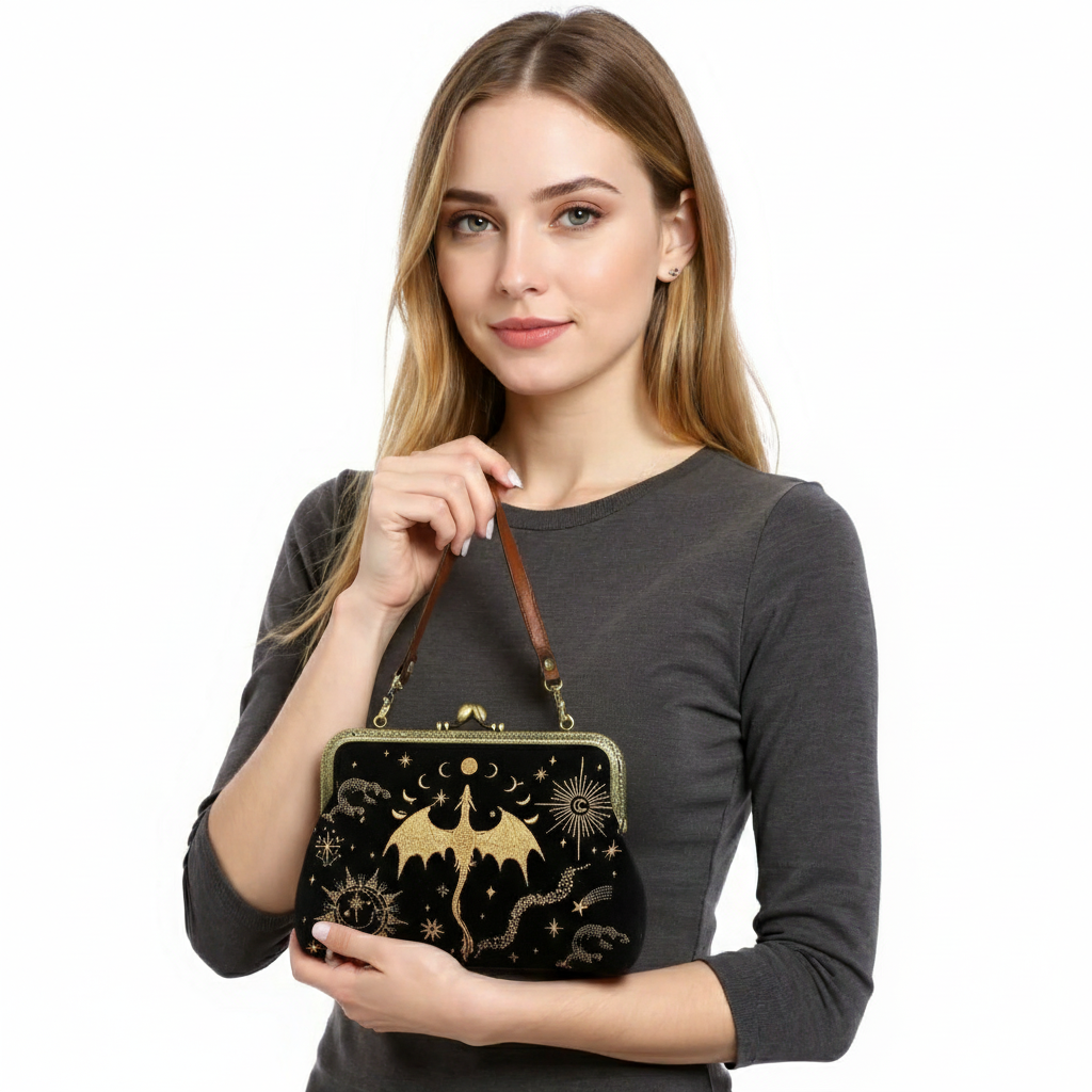 CELESTIAL DRAGON KISS LOCK BAG IN LINEN COTTON BLEND