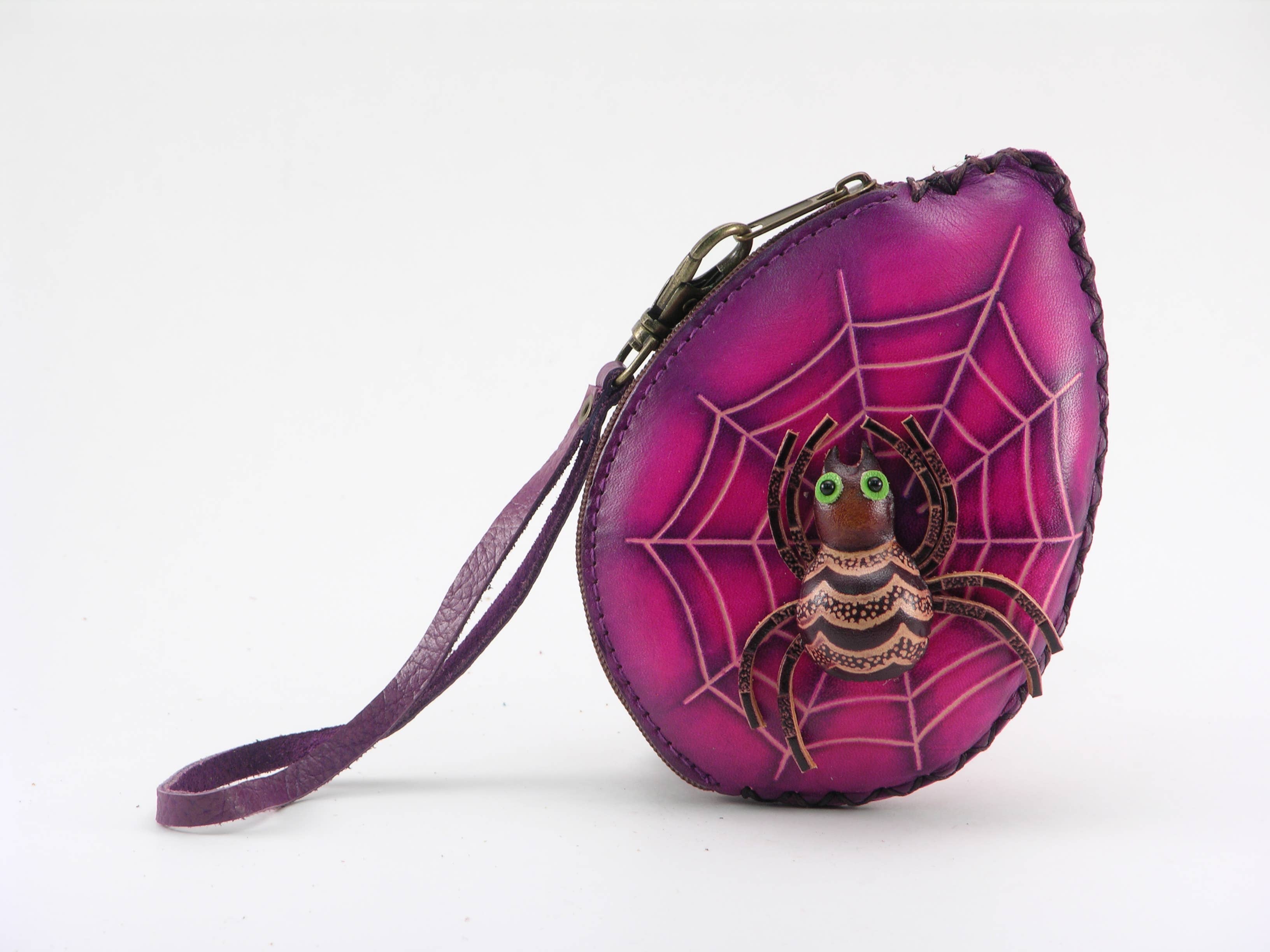 Leather Spider Wristlet coin purse wallet: Purple