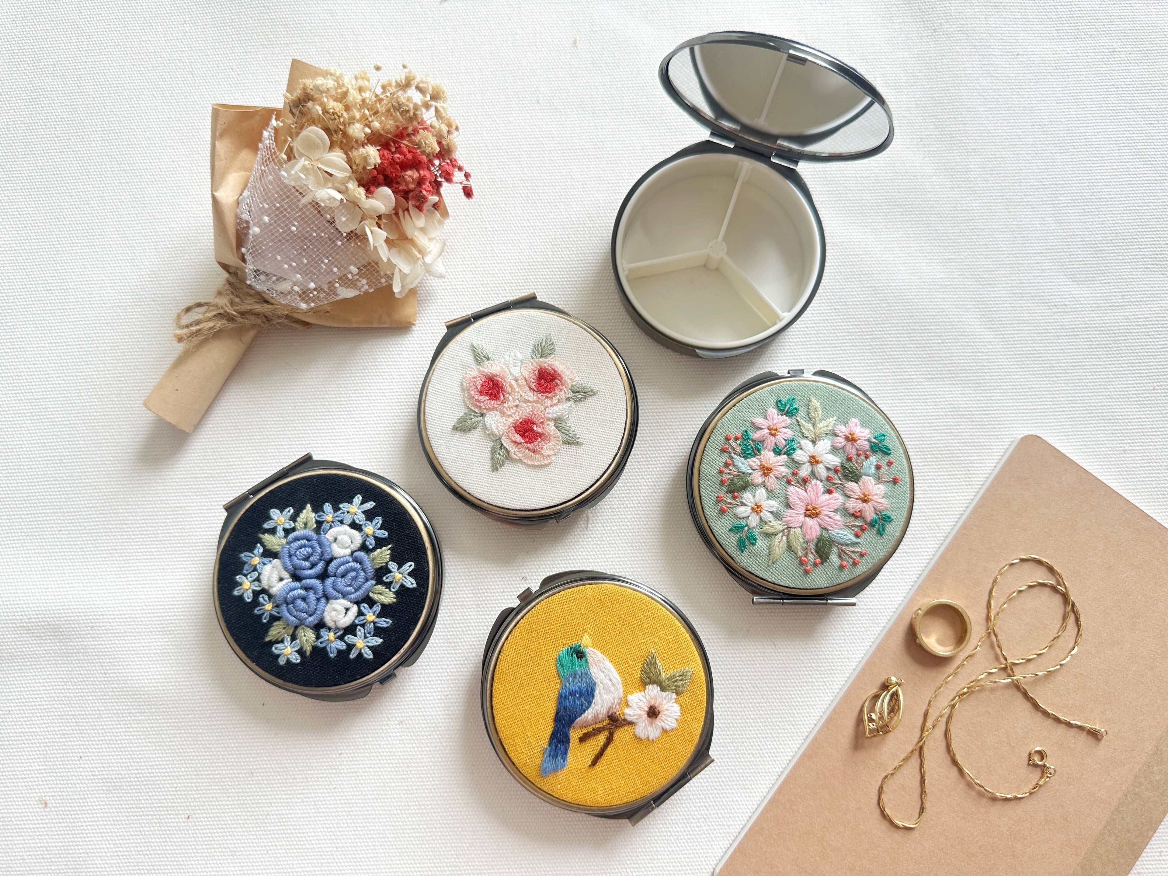 Floral Embroidered Round Jewelry Box With Mirror (In Stock✅): 2. Blue Roses