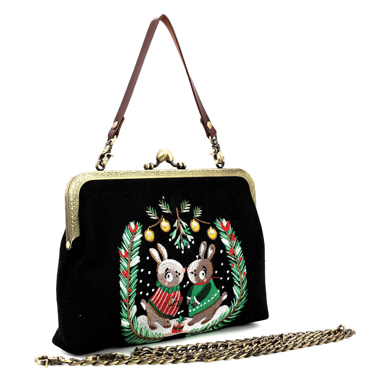 Bunnies Kissing Under Mistletoe Kiss Lock Bag in Linen Cotton Blend Material