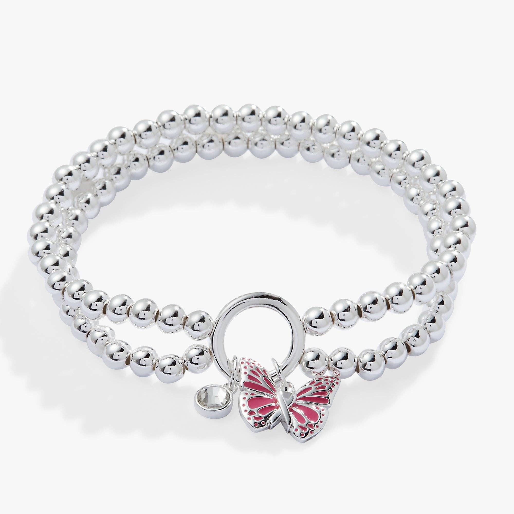 Breast Cancer Awareness Butterfly Stretch Bracelet: Silver