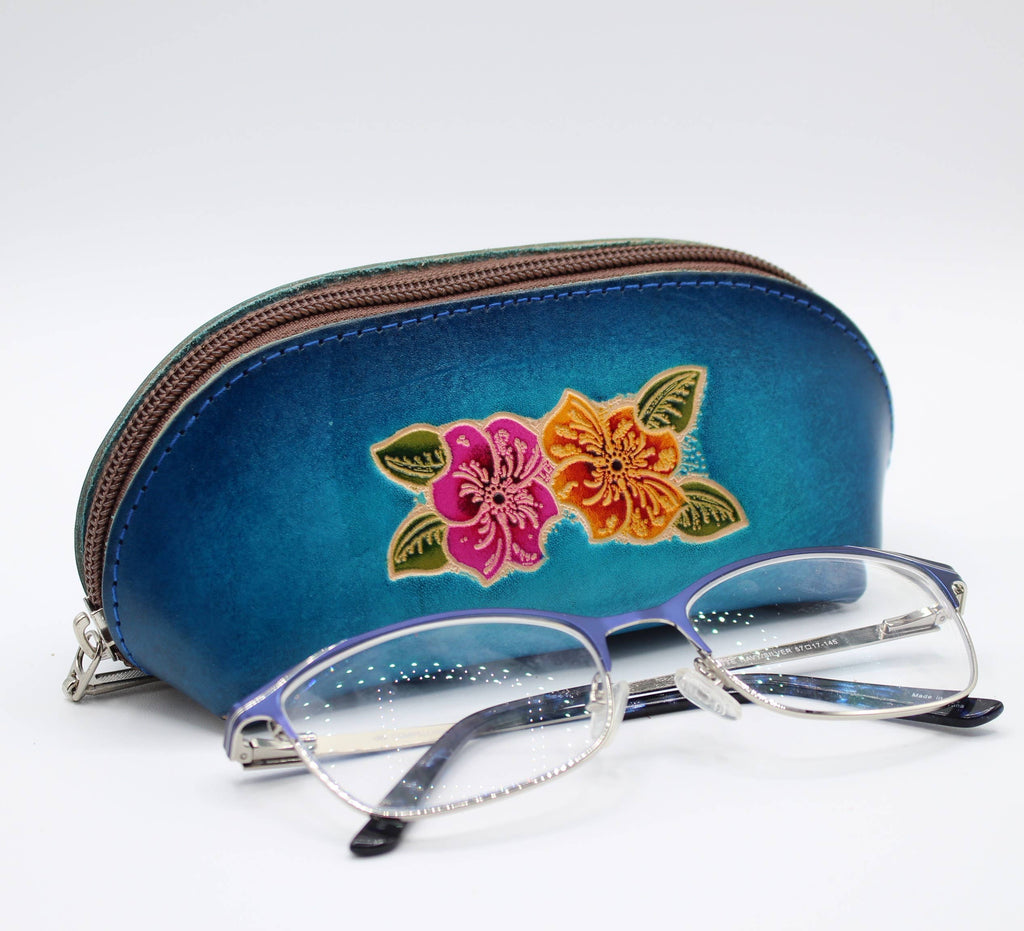 Leather eyeglasses sunglasses cosmetic case hibiscus flower