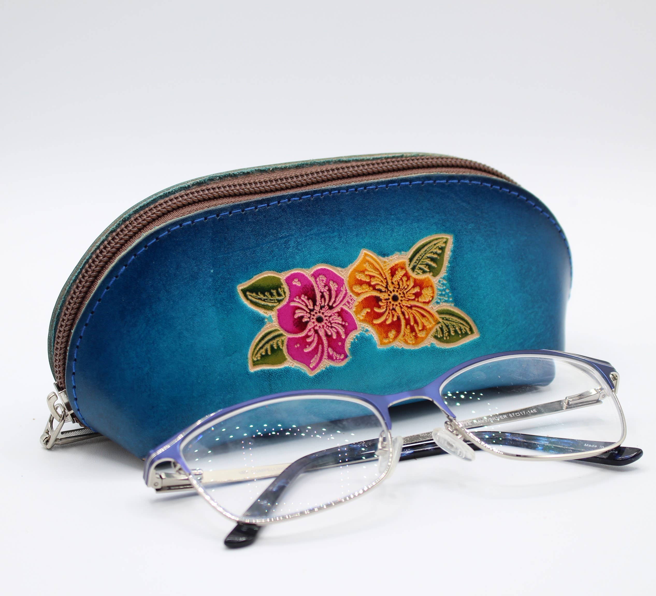 Leather eyeglasses sunglasses cosmetic case hibiscus flower