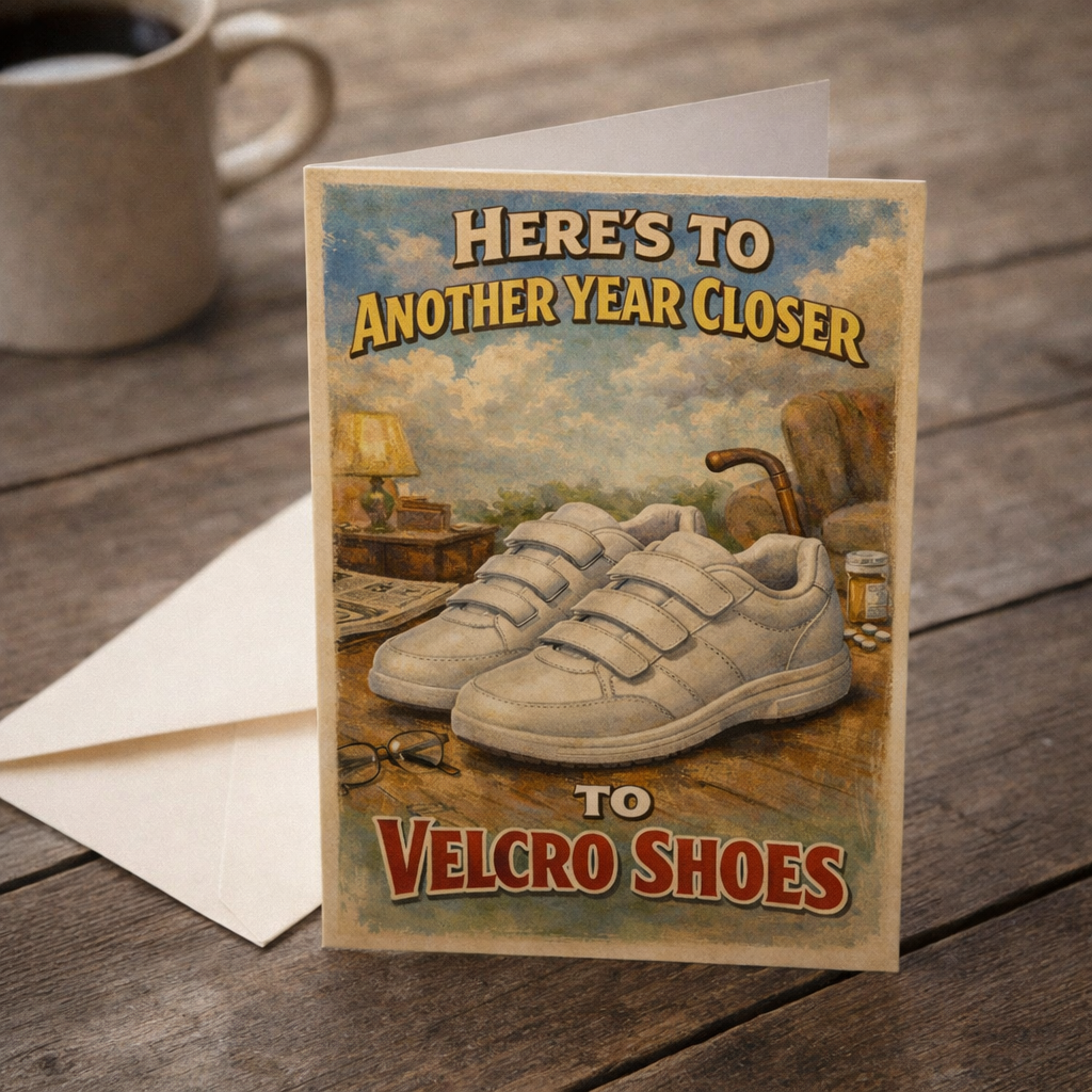 Heres to Another Year Closer to Velcro Shoes Birthday Card: Card and Envelope