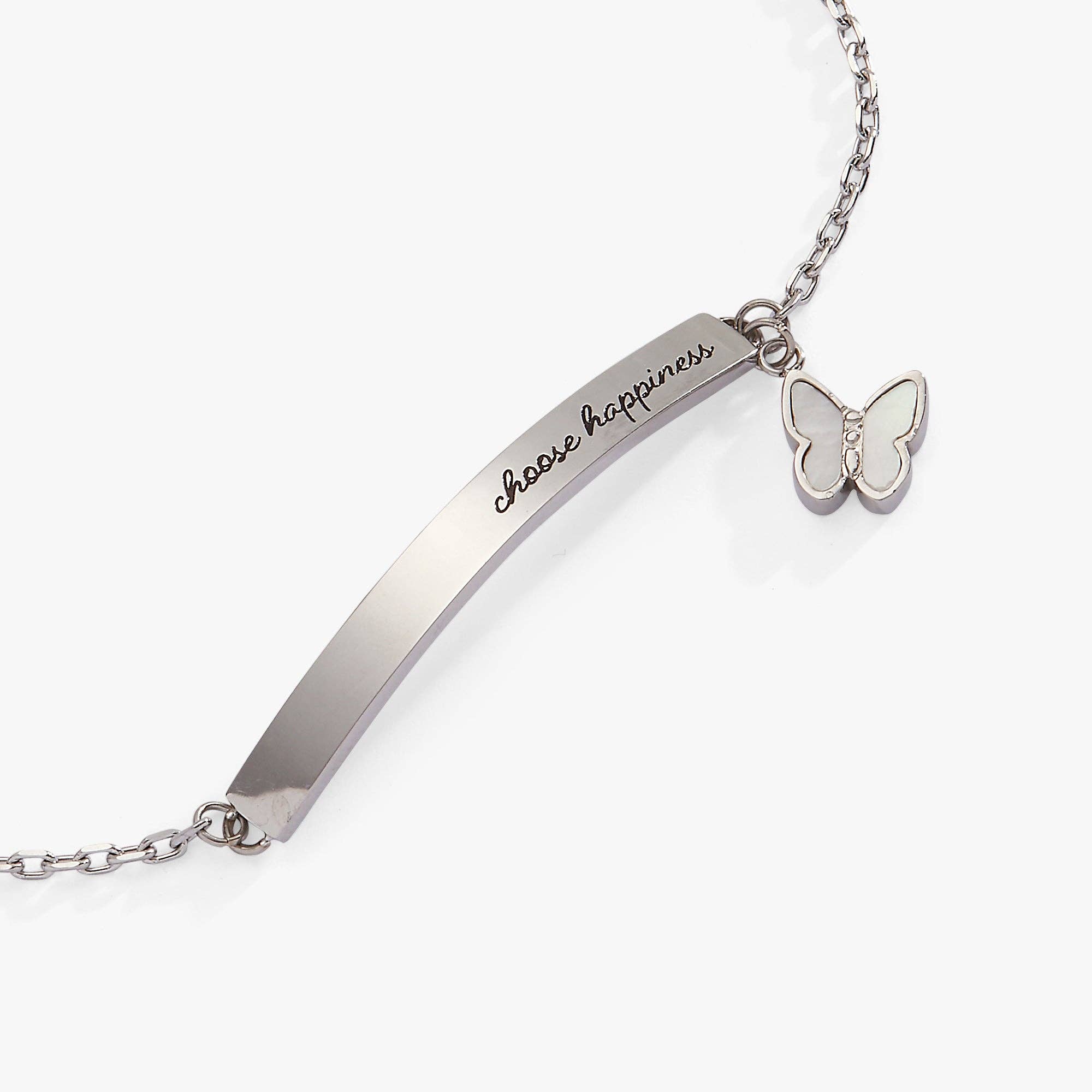 “Choose Happiness” Inline Bracelet: Stainless Steel Silver