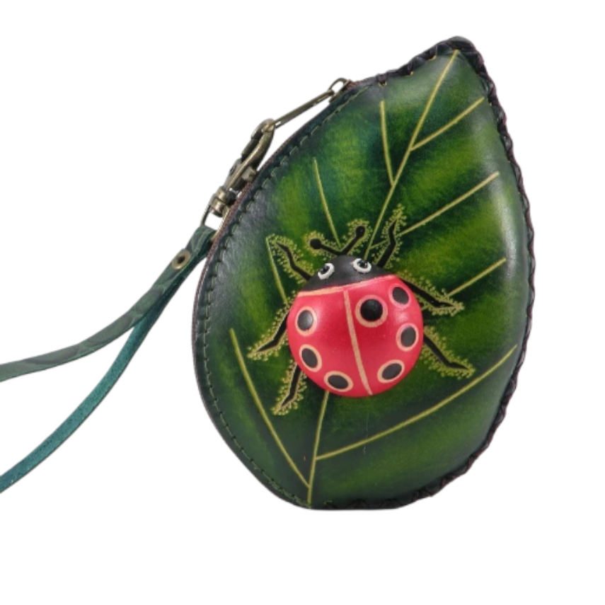 Ladybug With Leaf leather coin purse wristlet