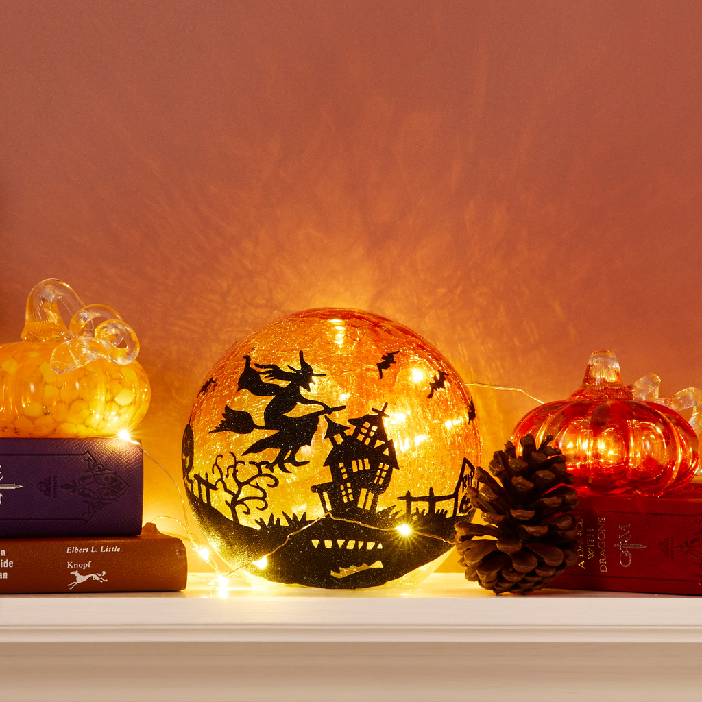Flying Witch LED Crackle Glass Halloween Globe