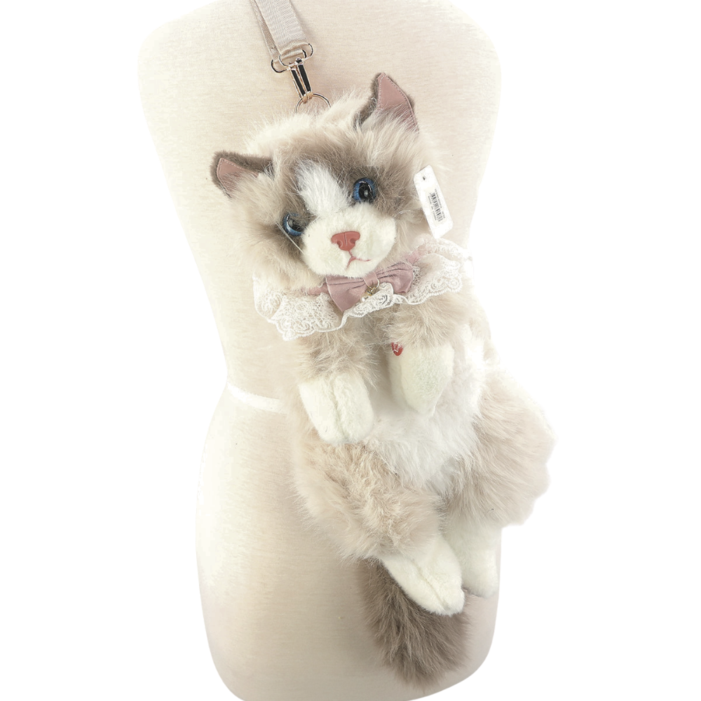 Cute Cat Plush Backpack in Polyester: White+Grey