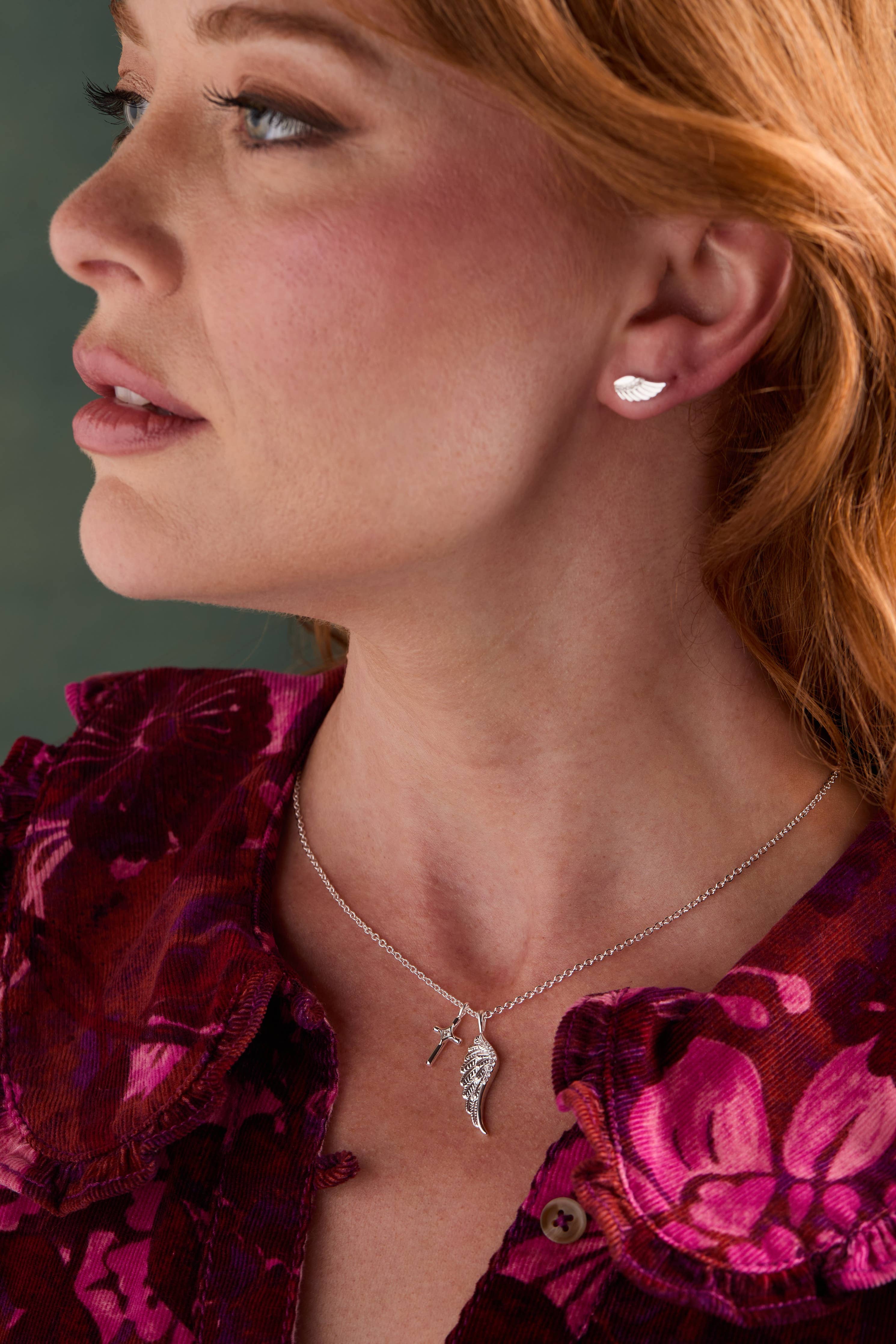Faith Cross and Angel Wing Charm Necklace: Silver