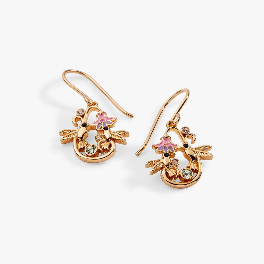 'Birds of a Feather' Hummingbird Enamel Drop Earring: Gold