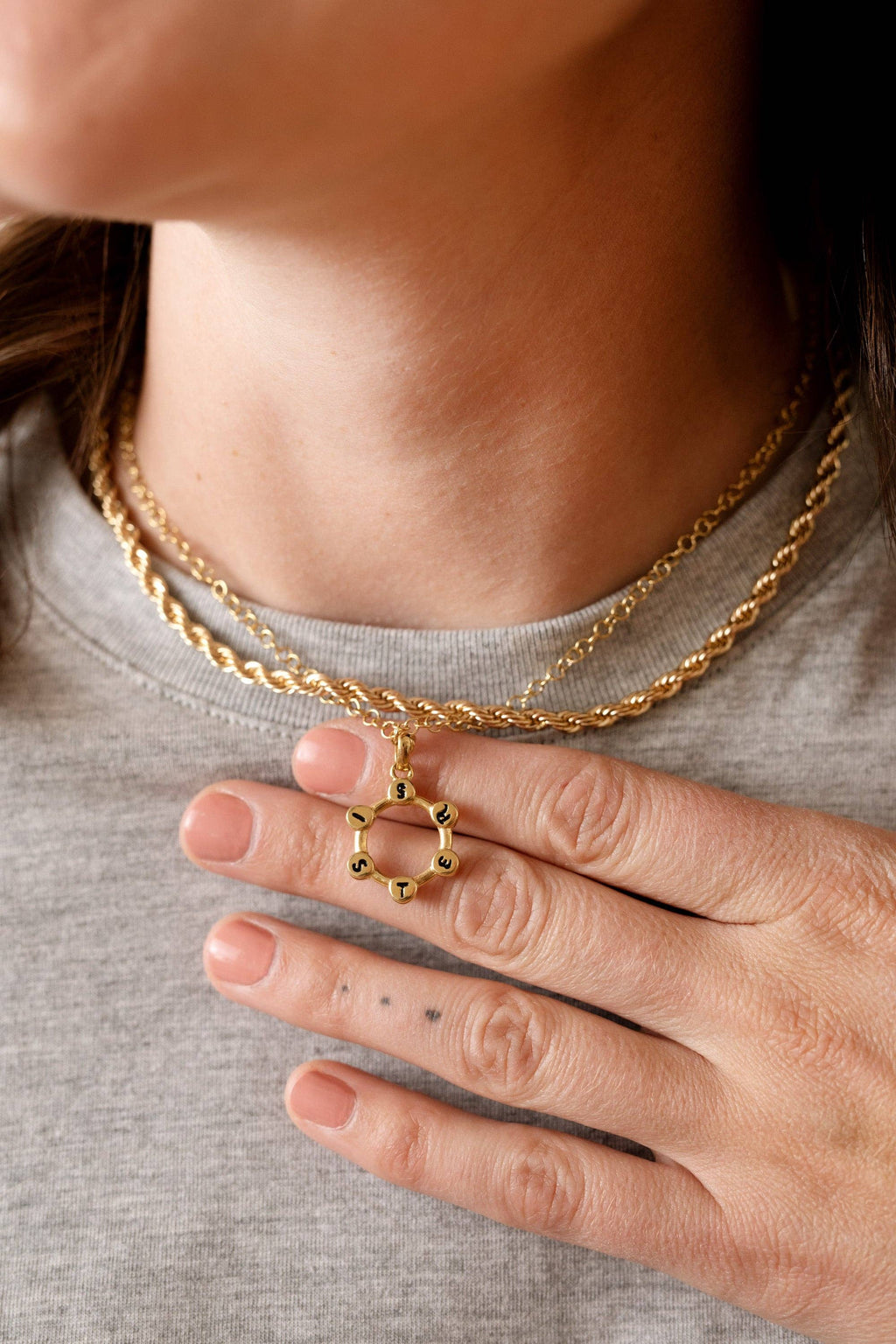 Sister Hidden Message Acrostic Necklace: Stainless Steel Gold