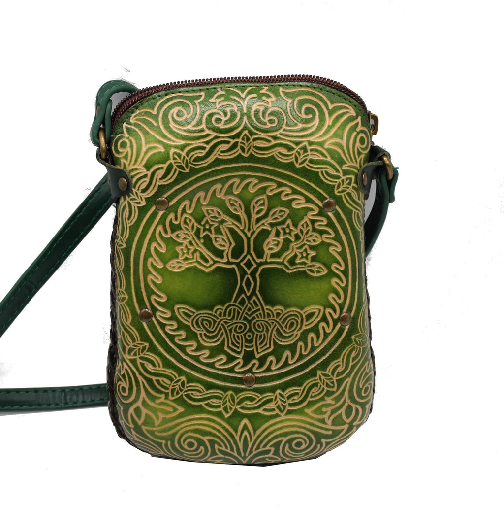 Leather Tree of Life Rectangle Pouch purse handbag: Green